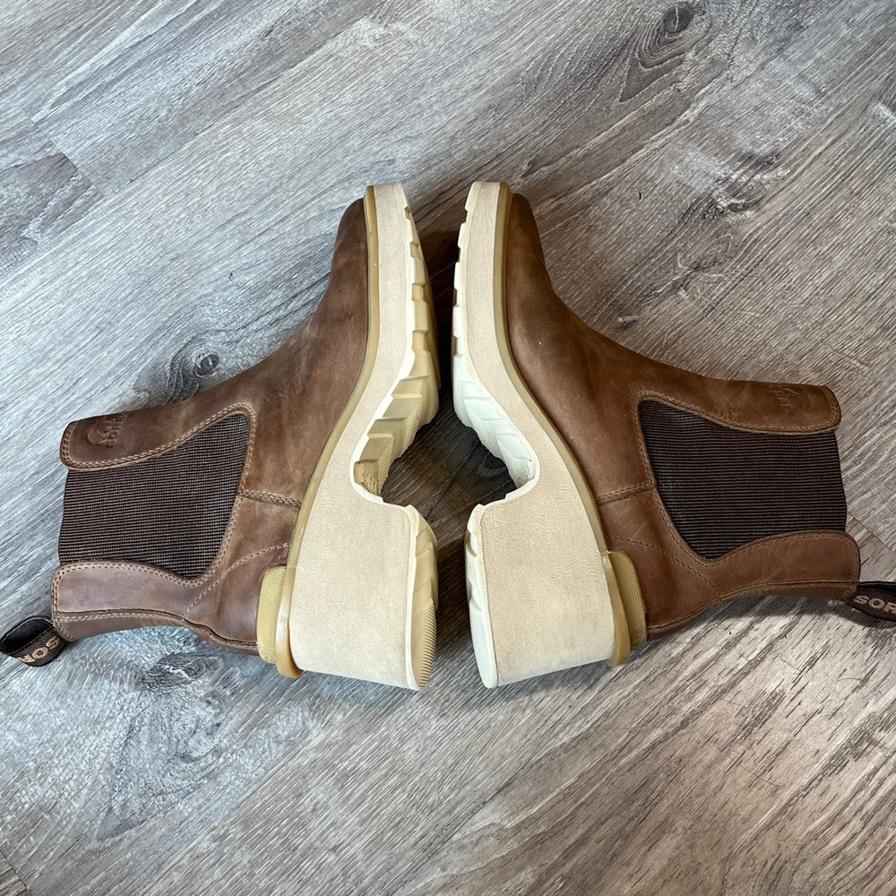 Sorel Hi-Line Heel Chelsea Boots Brown Leather Platform Waterproof NL4874-261 W9